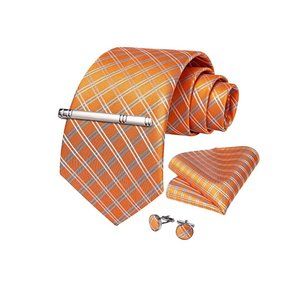 Men's Silk Tie + Pocket Square + Cufflinks + Tie Clip 4 Piece Set